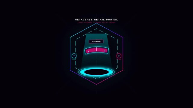 Futuristic Metaverse Retail Portal Concept with Neon Glowing Holographic Interface and Cyber Elements