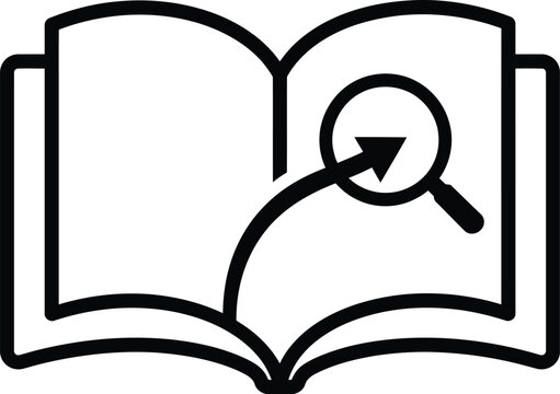 Open book icon with magnifying glass representing research and in-depth information search