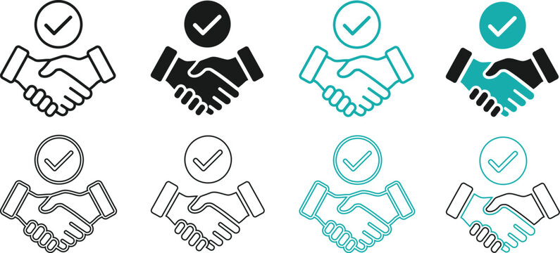 Collection of handshake icons with check marks symbolizing agreement and success
