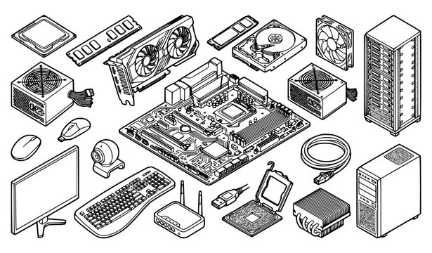 Modern computer component outline icons for motherboard cpu ram storage server webcam and peripherals