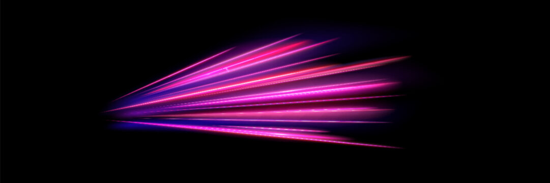 Abstract purple light trail arc on dark background, glowing neon motion blur line with smooth curve, futuristic energy streak for technology, speed