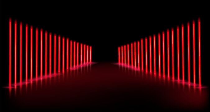 Neon light poles create a mesmerizing corridor of illuminated colors in shades of red, enhancing a futuristic atmosphere and inviting exploration through a digital landscape.