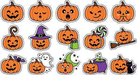 Obraz premium Assorted Halloween pumpkins with expressive faces and holiday elements on transparent background.