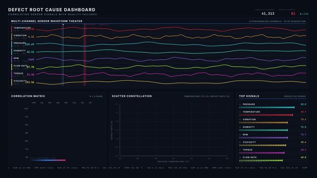 Explore a sophisticated defect root cause dashboard that correlates sensor signals with quality failures, showcasing dynamic waveforms and a correlation matrix in dark mode.