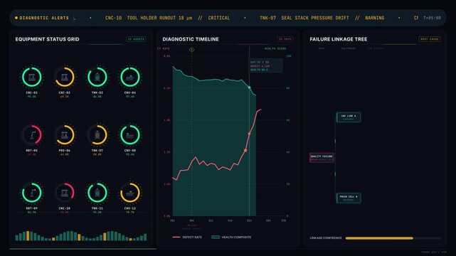 A detailed manufacturing diagnostics dashboard showcasing the connection between quality issues and equipment conditions with a sleek, modern design and animated data visualizations.
