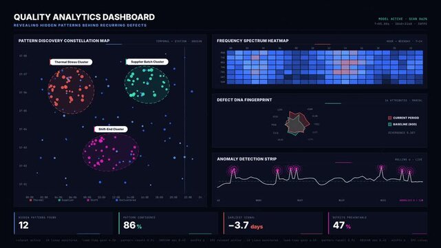 Explore a cutting-edge AI-powered quality analytics dashboard revealing hidden patterns behind recurring defects with an interactive design and vibrant color palette.