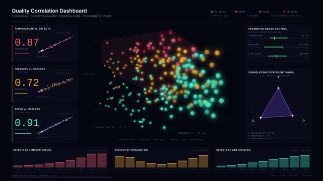 Explore a comprehensive Quality Correlation Dashboard showcasing defects against temperature, pressure, and speed with stunning 3D scatter plots and vibrant color coding.