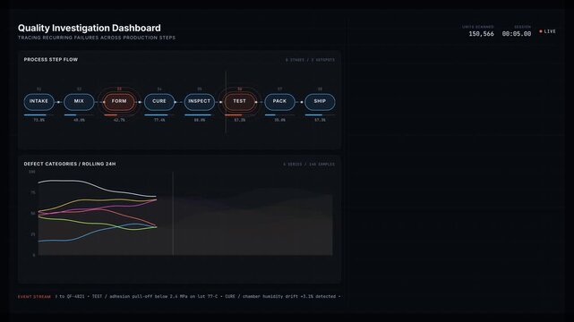 Explore a dark-mode quality investigation dashboard showcasing recurring failures across production steps with animated charts and dynamic interface elements.