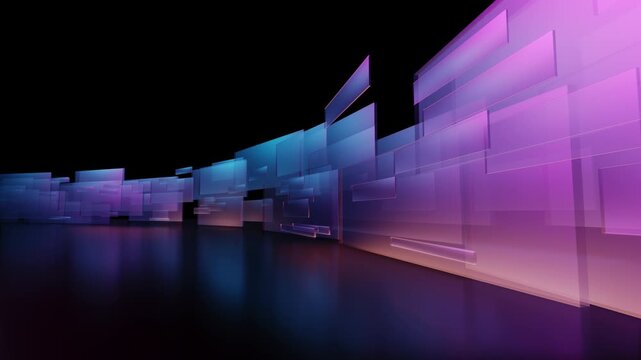 Glowing layered translucent panels form a futuristic neon corridor in pink and blue, high-tech abstract backdrop.
