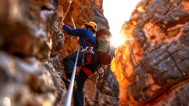 Adventurous Climber Scaling Rocky Wall with Bright Sunlight Filtering Through Canyon at Dusk