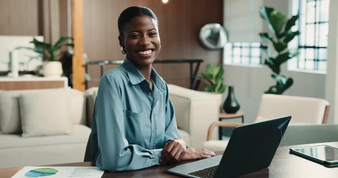 Face, business and black woman in office with laptop, research and data analysis for tax accounting. Portrait, person and smile in workplace with pc, pie chart and financial stats for company revenue
