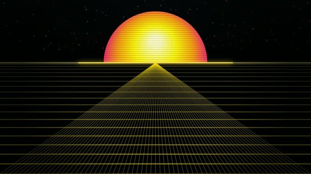 Retro Synthwave Background with Glowing Neon Sun and Digital Grid Landscape in Outrun Style