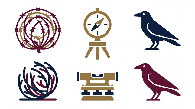 Six flat vector icons featuring ravens compasses and barbed wire spheres in maroon navy and brass