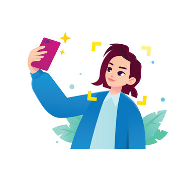 Flat vector illustration of a woman using facial recognition on a smartphone. Concept of biometric mobile security, face ID, and data protection. Great for tech apps and security banners.