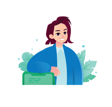 Confident woman leaning on a smartphone. Concept of modern business, mobile app user, and corporate manager. Perfect for tech websites, presentations, and marketing banners.