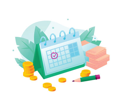 Desktop calendar with marked date, cash stacks, and gold coins. Concept of payday reminder, tax payment due date, monthly budget planning, and financial management.