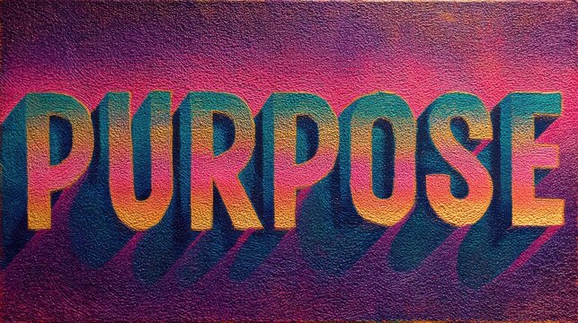 3D text PURPOSE with vibrant gradient lighting on textured wall casting long shadows conceptual