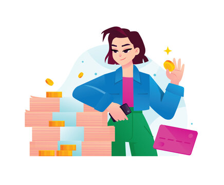 Confident woman leaning on a large stack of banknotes, holding a coin and a smartphone. Concept of high income, personal wealth, financial independence, and cashback rewards.