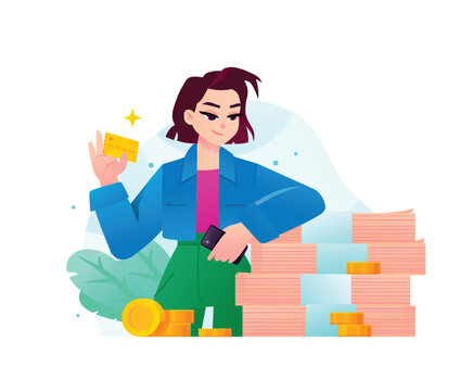 Young woman holding credit card and smartphone near stacks of cash and coins. Concept for wealth accumulation, financial success, mobile banking savings, and smart budget management.
