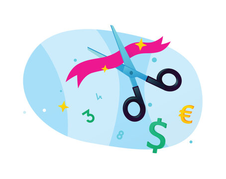 Scissors cutting pink ribbon with dollar and euro currency symbols vector illustration. Grand opening, financial startup launch, price reduction, or budget cuts concept.