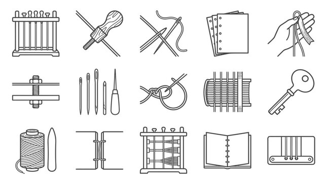 Minimalist line icons collection for bookbinding, leathercraft, and traditional sewing tools