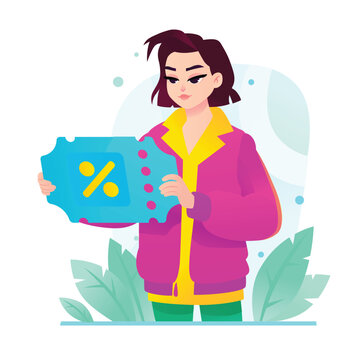 Young woman holding a big discount coupon or voucher with percentage sign vector illustration. Smart shopping, promotional code, retail sale, and loyalty rewards concept.