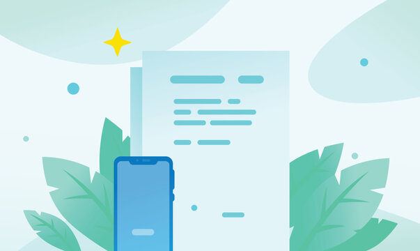 Modern vector illustration of a digital document and a smartphone surrounded by green leaves. Perfect concept for online contracts, mobile business applications, and digital agreement technologies.
