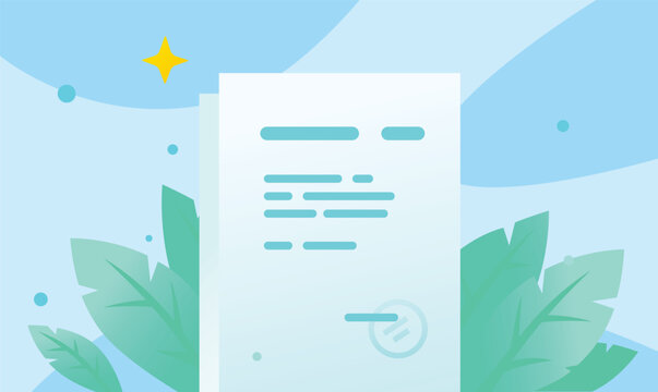 Vector illustration of an official document or contract with a stamp and green leaves. Ideal concept for business agreements, legal contracts, certificates, and financial reports.