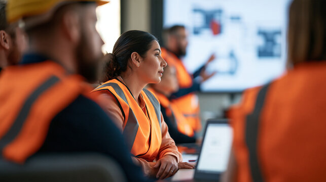 Diverse group of faceless construction workers wearing orange safety vests attending a professional training workshop, listening to an instructor explain technical diagrams on a