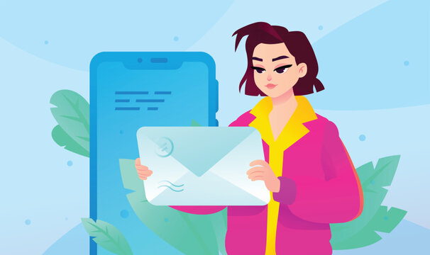 Young woman managing digital documents and notifications via smartphone application. Concept for online document signing, mobile banking verification, electronic mail, and smart business communication