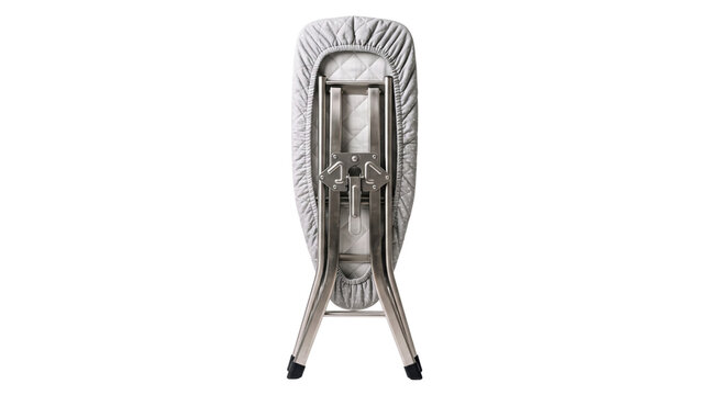 Folded ironing board with silver metallic cover, compact laundry equipment for home organization, portable metal ironing table in storage position isolated PNG with Transparent Background