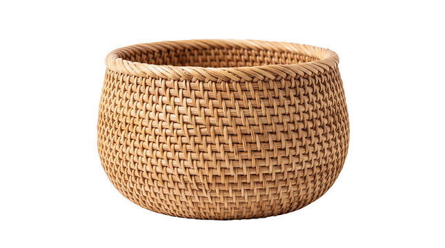 Handcrafted rattan basket with natural woven texture, round wicker storage container for home organization, rustic bohemian decorative straw bowl isolated PNG with Transparent Background