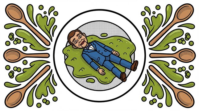 Ventriloquist dummy lying face down in split pea soup in a retro comic book vector illustration