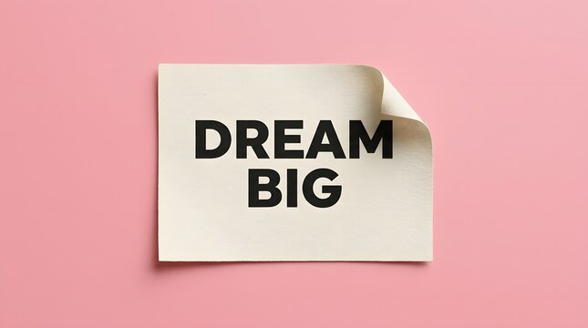 A sticky note with the text dream big written in black bold letters on a pink background, top right corner is curled up