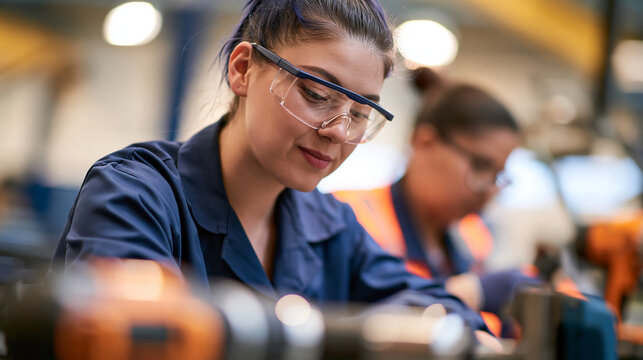 Young vocational students wearing uniforms practicing technical skills with hand tools in a workshop environment, with copy space