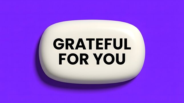 3d render of a white soap bar with the text grateful for you on a vibrant purple background