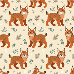 Obraz premium Seamless repeating pattern featuring stylized cartoon lynxes with orange fur and blue spots, integrated with green pine needles and leafy branches on a light beige background.
