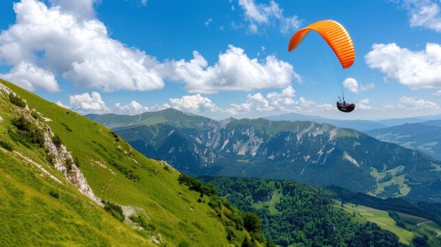 Paragliding Adventure Over Scenic Mountain Landscape with Clear Sky and Green Valley