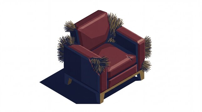 Low poly isometric armchair with damaged leather and spiky bristles
