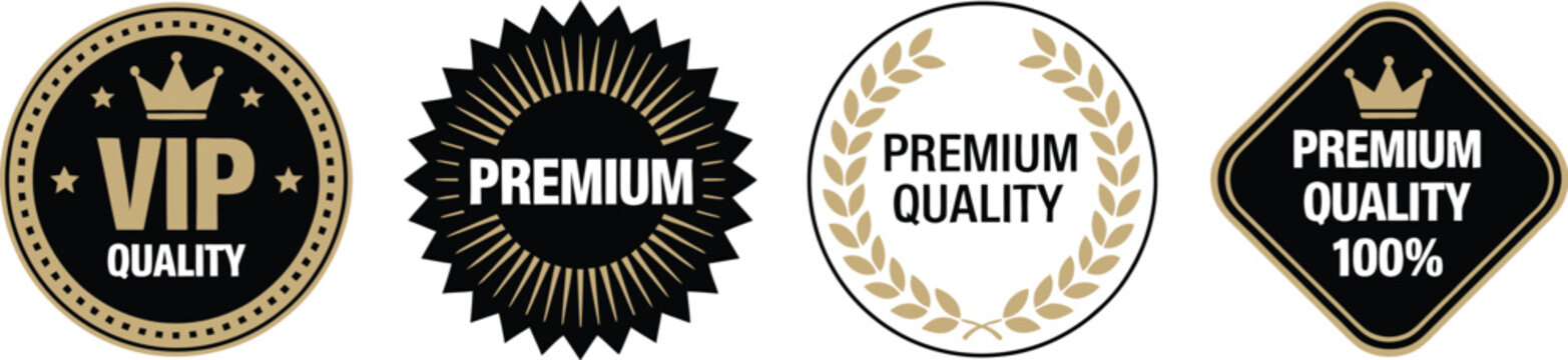 VIP logo icon featuring crown and stars, premium quality stamp for certification, luxury branding, elegant badges, and vector designs