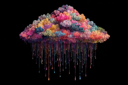 Abstract fractal cloud formation with vibrant colors dripping down during a conceptual rainstorm on a dark background