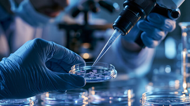 Scientists hands pipetting cellular samples in a laboratory setting