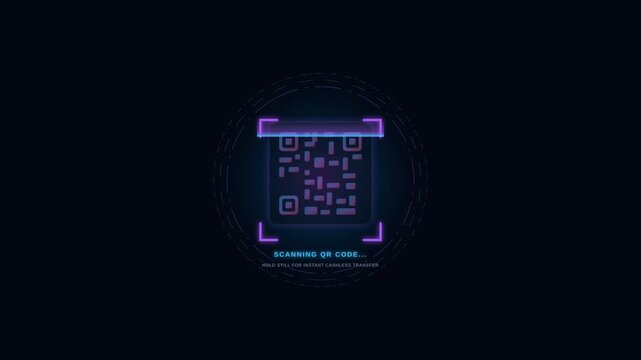 Digital QR Code Payment Scanning Animation Featuring Successful Money Transaction HUD Interface