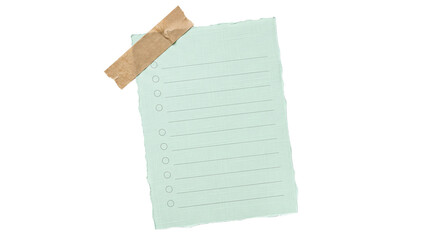Blank torn green lined paper note sheet mockup pinned with kraft tape on transparent isolated background © PNG CREATOR