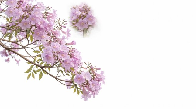 Beautiful Blooming Pink Tabebuia Rosea Flowers on Branches Isolated on White Background with Copy Space