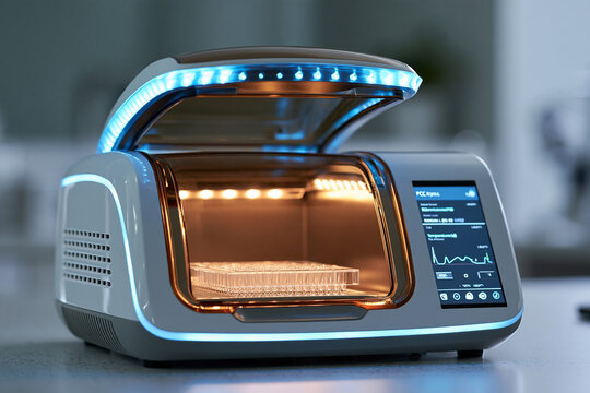 Thermal cycler machine with heated lid open in a laboratory