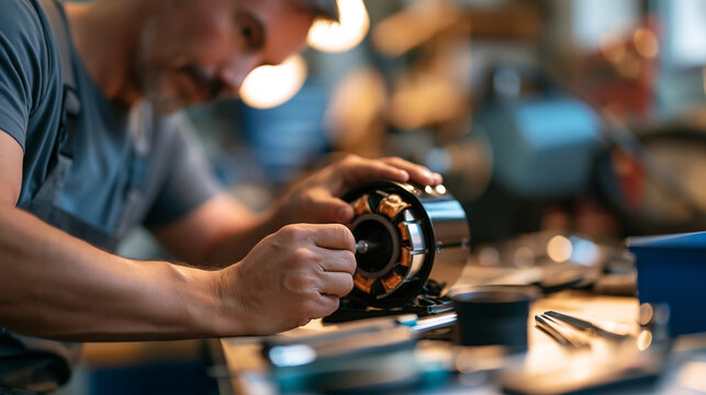 Faceless technician rebuilding a recovered vacuum motor at a repair bench, technical craftsmanship concept, with copy space
