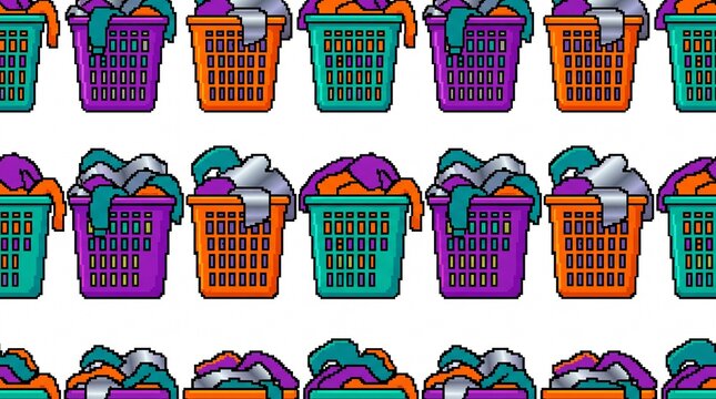 Lo-fi pixel art laundry basket divider with retro gradient clothes on white