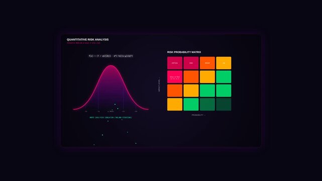 Quantitative Risk Analysis Dashboard Showing Normal Distribution Graph and Probability Matrix Grid