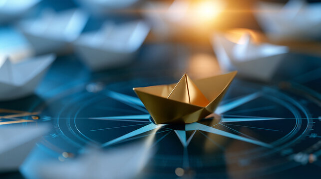 Leadership concept featuring a golden paper boat leading a fleet of white paper boats across a compass rose background, strategic direction symbolism, with copy space